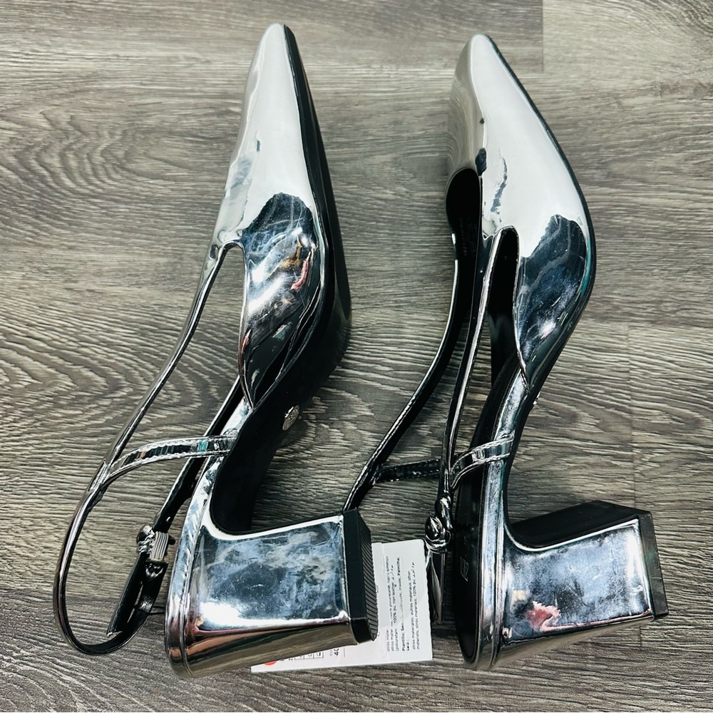 Zara NWT Metallic Silver Block Heel Slingback Heels Size 40 - Picture 11 of 13